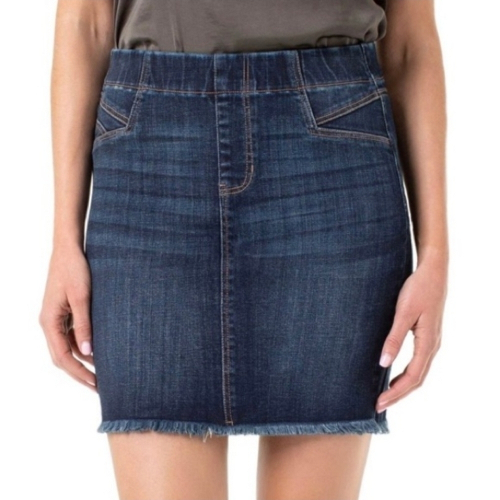 Liverpool Elastic Waist Raw Hem Jean Denim Skirt size 28/6 Dark Wash